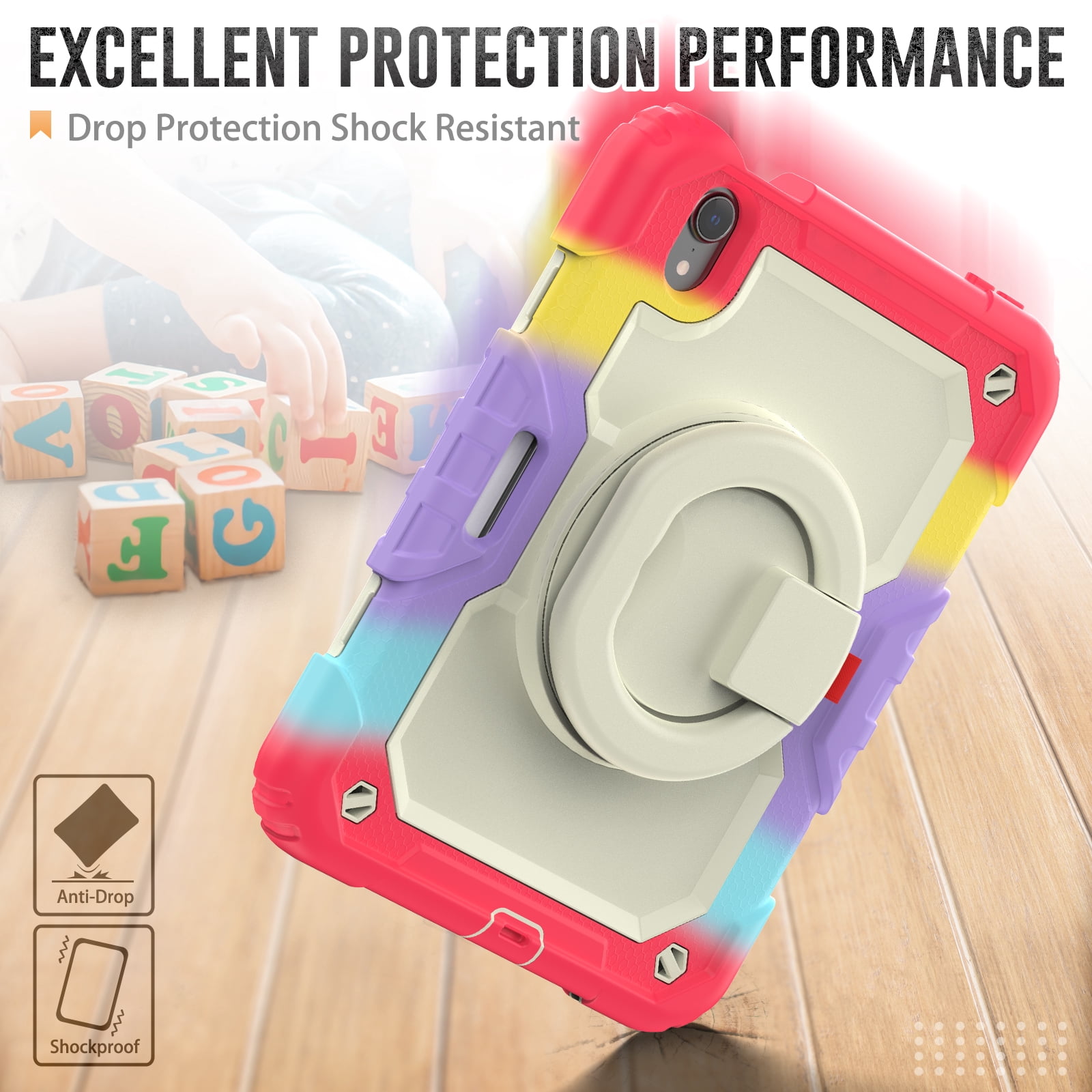 Dteck for iPad mini (6th Generation) Heavy Duty Kids Case with Pencil Holder Screen Protector Pencil Holder Ring Kickstand Cover for iPad Mini 6th Gen, Colorful Red