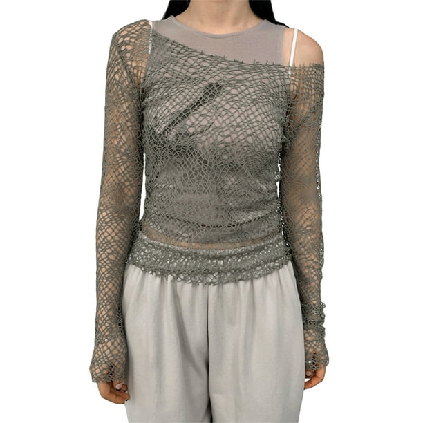 Women Y2K Hollow Out Top Long Sleeve Crochet Knit Sweater Crop Tops