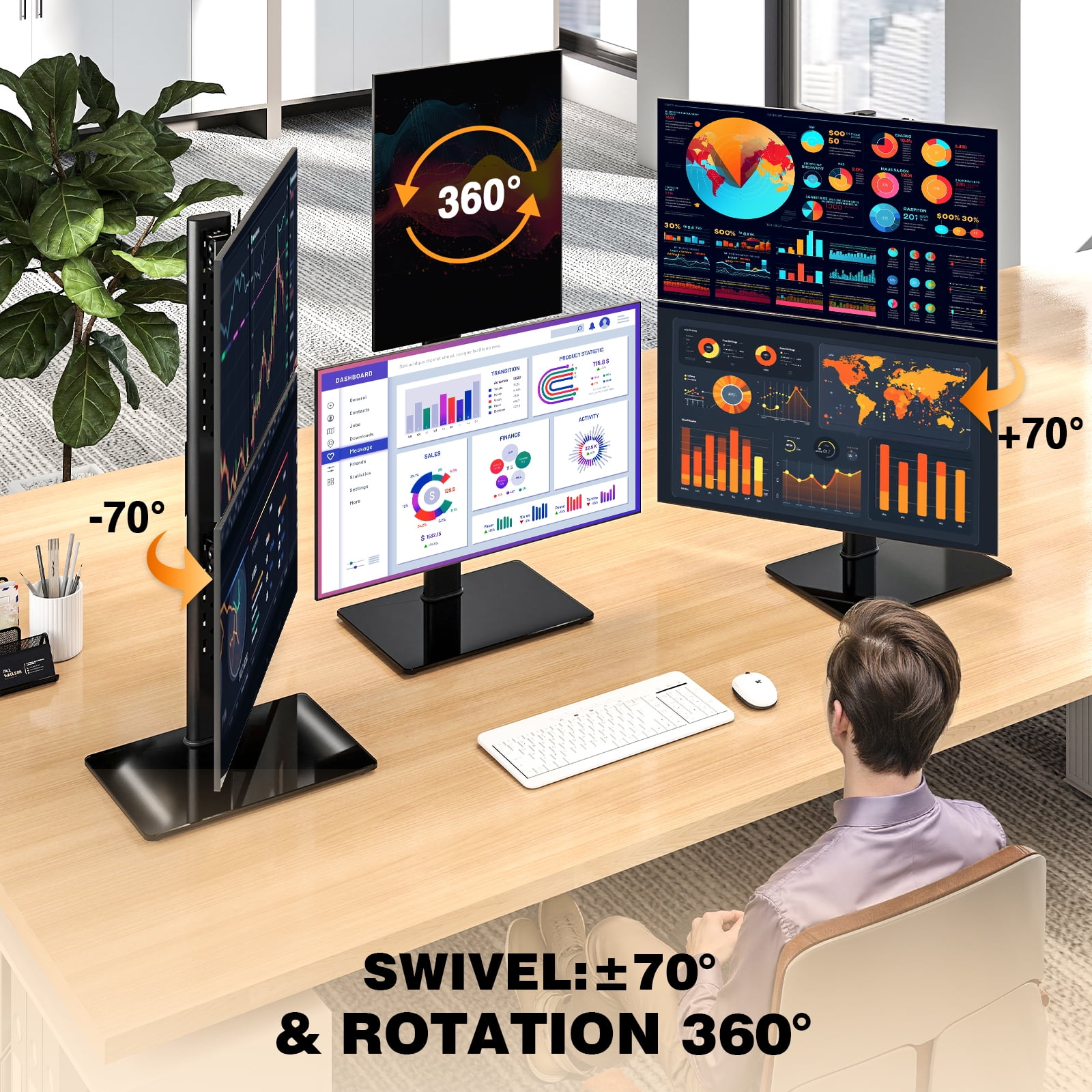 Dual Monitor Mount, 360° Rotation Dual Monitor Fits Two 13-38 in Computer Screens with ±70° Swivel, Tilt, Height Adjustable Tabletop Desk Mount Stand