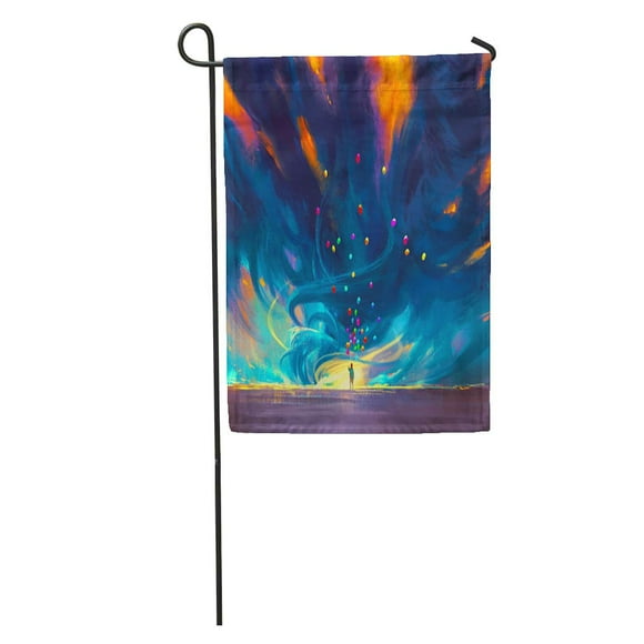 POGLIP Watercolor Child Holding Balloons Standing in Front of Fantasy Storm Garden Flag Decorative Flag House Banner 12x18 inch