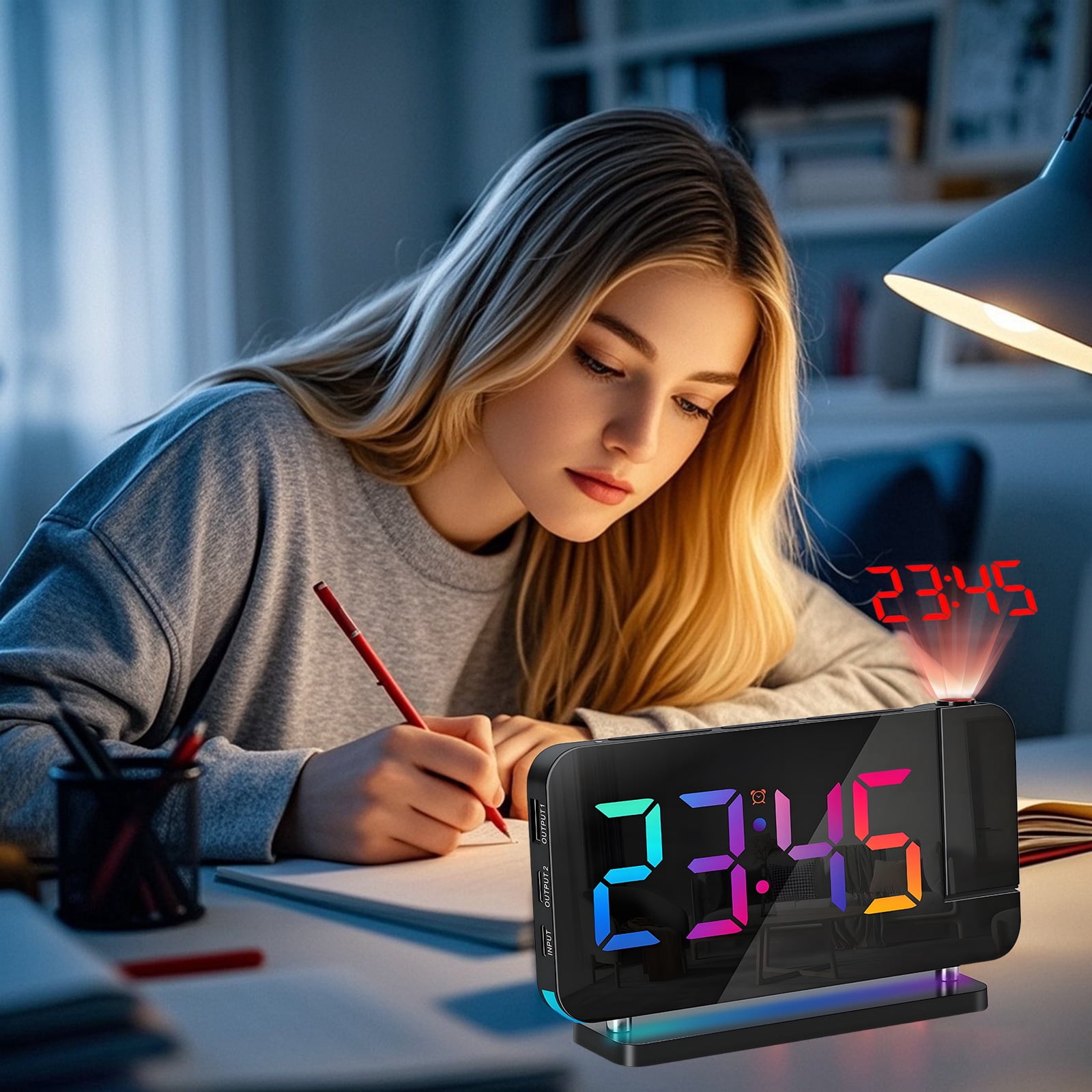 Syenll Projection Alarm Clock, 7.4 inch Large Digital Mirror Clock with Dual USB Charger Ports, 180° Rotatable Projector for Kids Bedroom Ceiling, Black