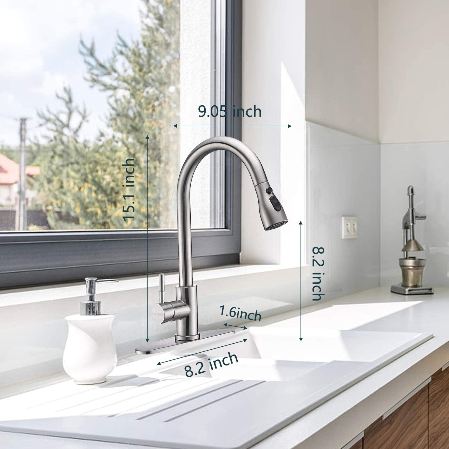 SkyGenius Pull Down Kitchen Faucet with Sprayer Deck Plate Single Handle Sink Faucet, Brushed Nickel