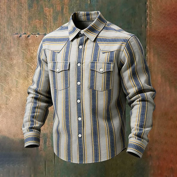 Ceisia Men's Loose Fit Vintage Blue & Yellow Stripe Print Long Sleeve Cotton Shirt Gray S Gifts