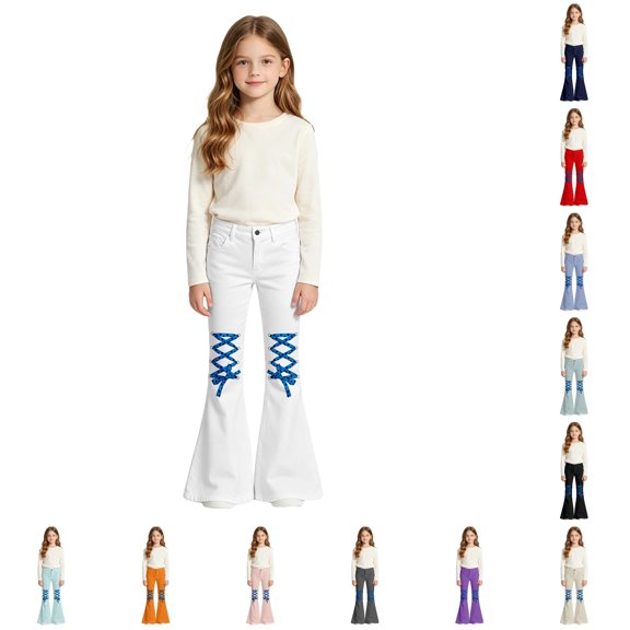 SGMVNU Girls Flared Pants High Waist Bell Bottom School Uniforms Pants Stretch Casual Trousers with Pockets, Size 15-16 Years, White