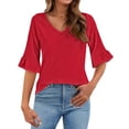 thumbnail image 2 of Red Women's Long Sleeve T-shirt, 3/4 Length Sleeves Womens Tops Blouses For Women Casual Tops Trendy Shirts Spring Clothes 2025,Women's Long sleeve T-shirt M, 2 of 3