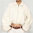 thumbnail image 4 of ZGRBOU Women's Cropped Puff Sleeve Bomber Jacket Collared Zip Front Coat Fasion Casual Lightweight Pleated Shirts, 4 of 5