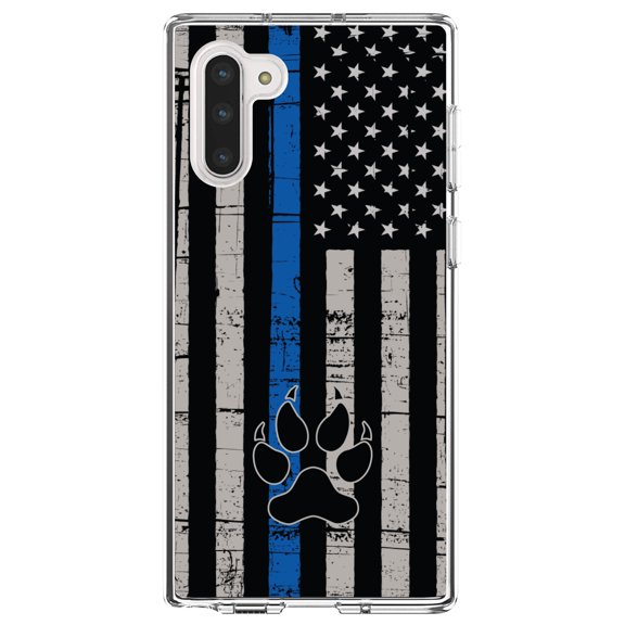 DistinctInk Clear Shockproof Hybrid Case for Samsung Galaxy Note 10 (6.3" Screen) - TPU Bumper, Acrylic Back, Tempered Glass Screen Protector - Thin Blue Line US Flag K9 Dog Paw - First Responders