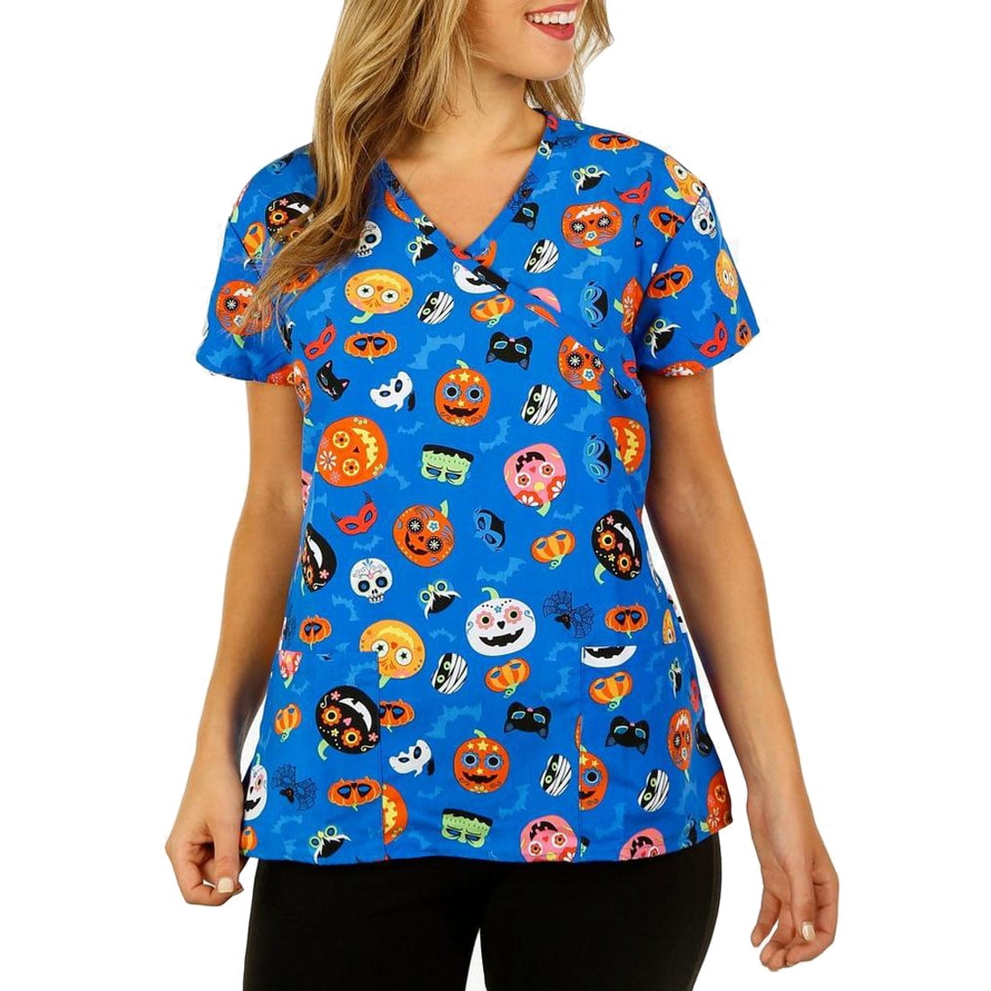 Download DSF Uniforms - Women's Mock Wrap Microfiber Halloween Print Scrub Top Tie Back Medical Uniform ...