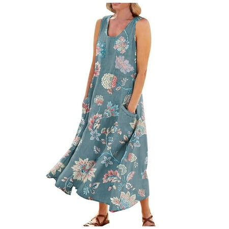 

Bayaoman Maternity Dress Women s Casual Floral Print Sleeveless Cotton Pocket Plus Size Summer Dresses