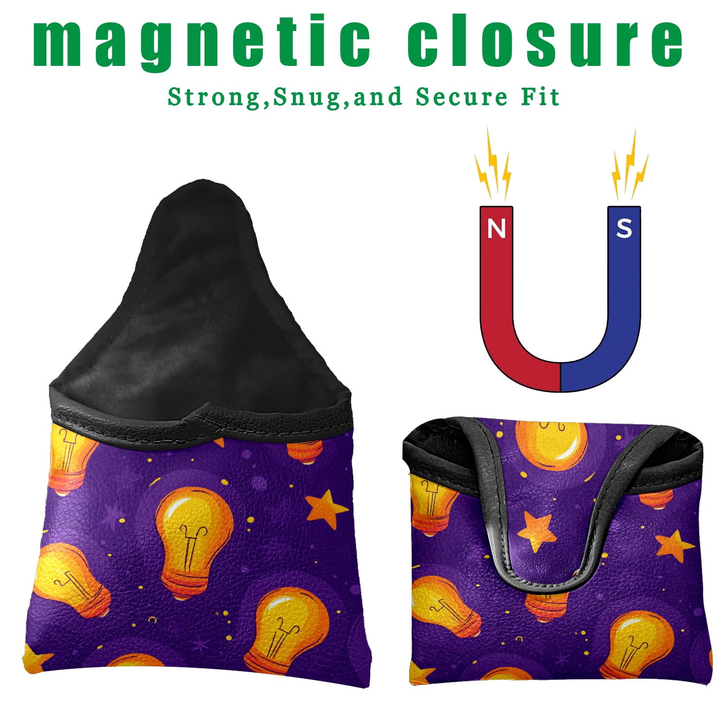 Golf Mallet Putter Cover Premium Leather Waterproof Golf Putter Head Cover with Magnetic Closure Light Bulb Pattern