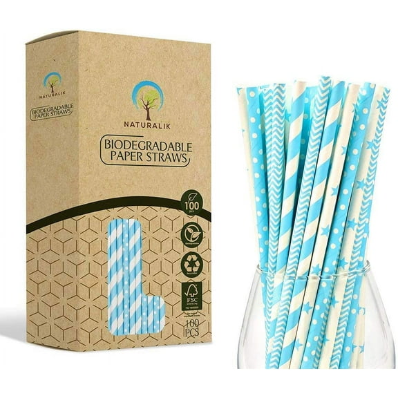 Naturalik 100-Pack Light Blue Biodegradable Paper Straws- Extra Durable Light Blue Paper Straws- Baby Shower decorations for boy, Birthday celebrations, gender reveal party supplies, Drinking Straws