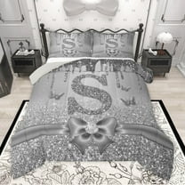 Manfei Letter Monogrammed Initial S Girl 2pcs Bedding Comforter Set,Kawaii Bow Butterfly Twin Comforter Sets,Bling Crystal Grey Glitter Breathable Bedding Set,Lightweight Room Decor,Reversible
