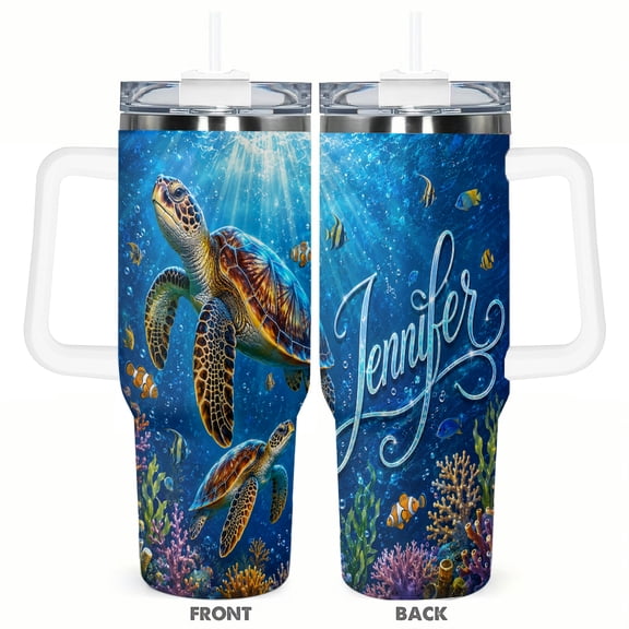 40oz Sea Turtle Ocean Insulated Travel Tumbler with Handle and Straw Coral Reef Car Cup Gift