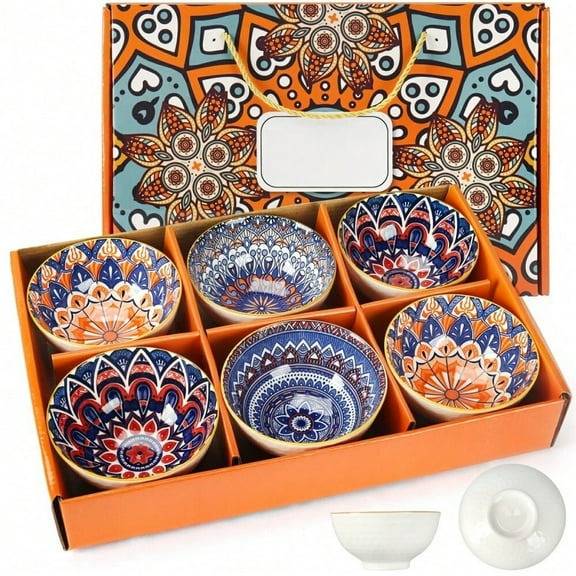 Bohemian Style 6-Piece Ceramic Rice Bowl Set Fit for Cereal,Soup,Desserts Salads