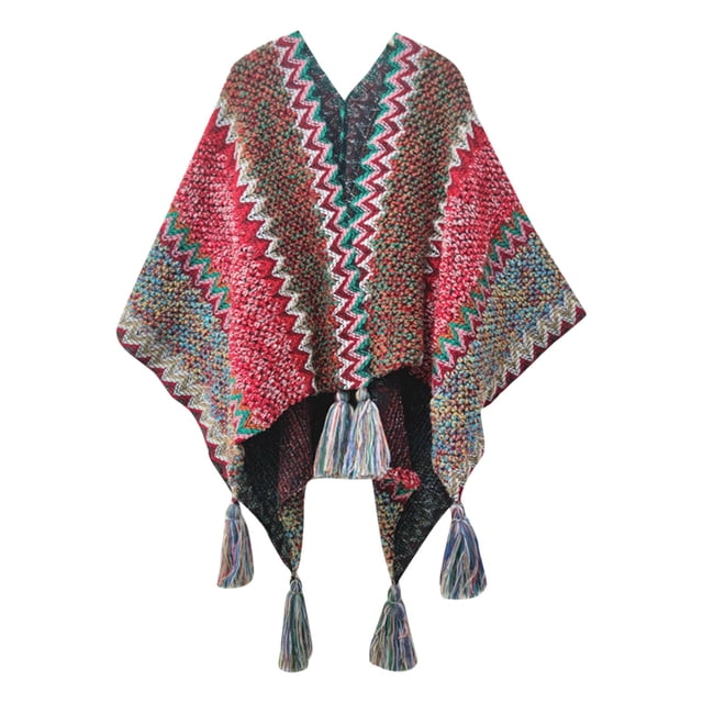 WZXFASHION Womens Shawls Soft And Comfortable Knitted Sweater Tops Shawl Tassel Fringed Wraps Matching Cardigan Sweater Irregular Hem Splicing Colourful Sweater Cardigan Scarf Red2 One Size