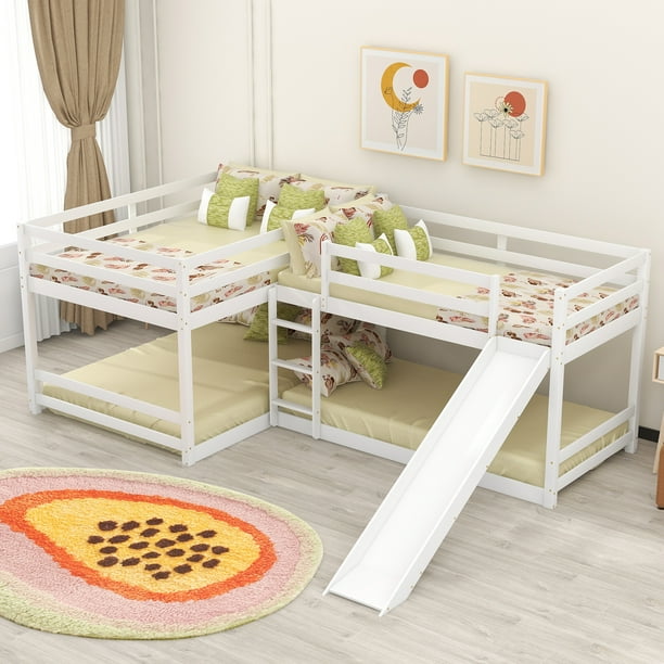 EUROCO Wood Twin Bunk and Full Bunk Beds, Quadruple Bed for Kids, White