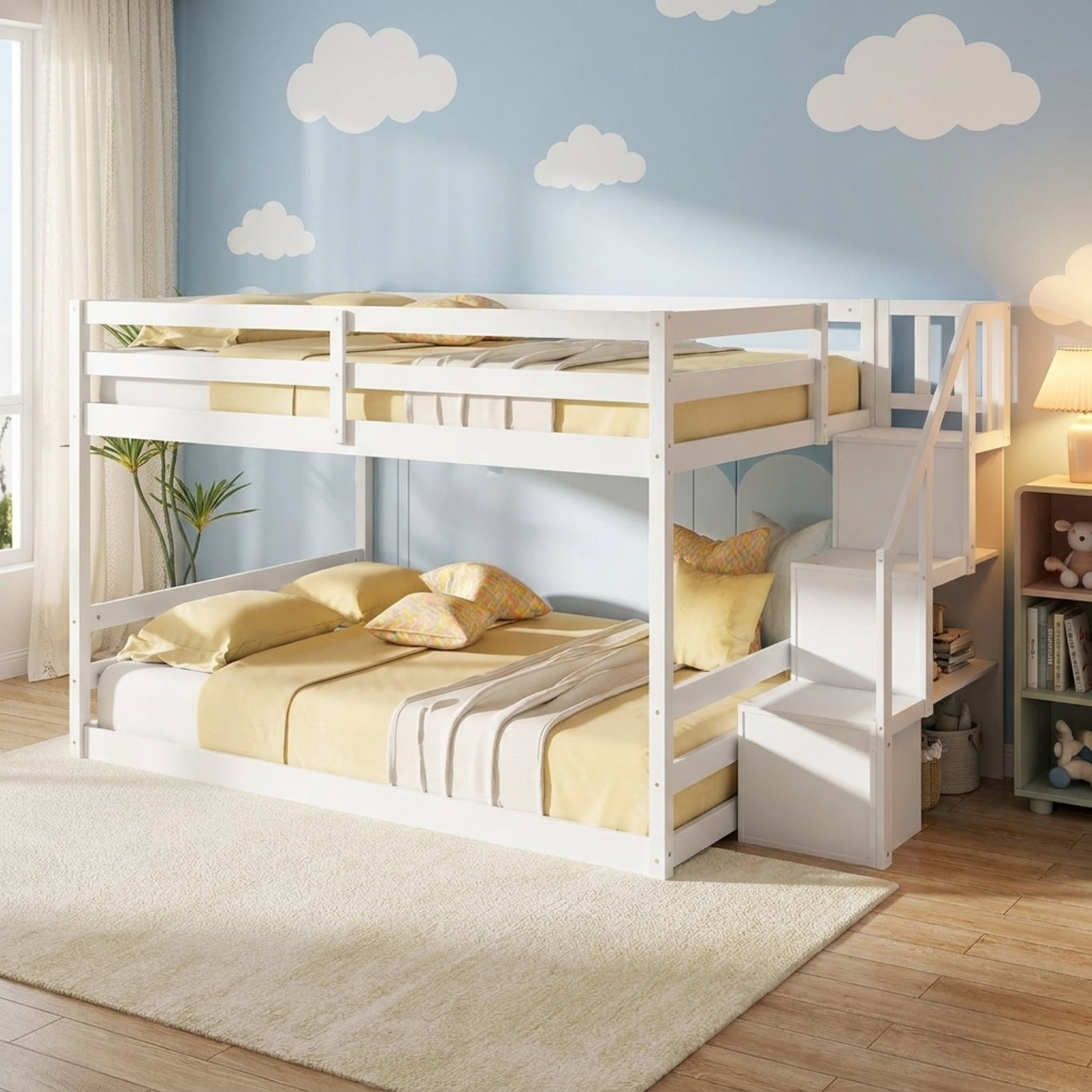 Furnibear Solid Wood Full Over Full Low Bunk Bed with Storage Stairs and Headboard for Kids Bedroom Platform Sleep Space, White