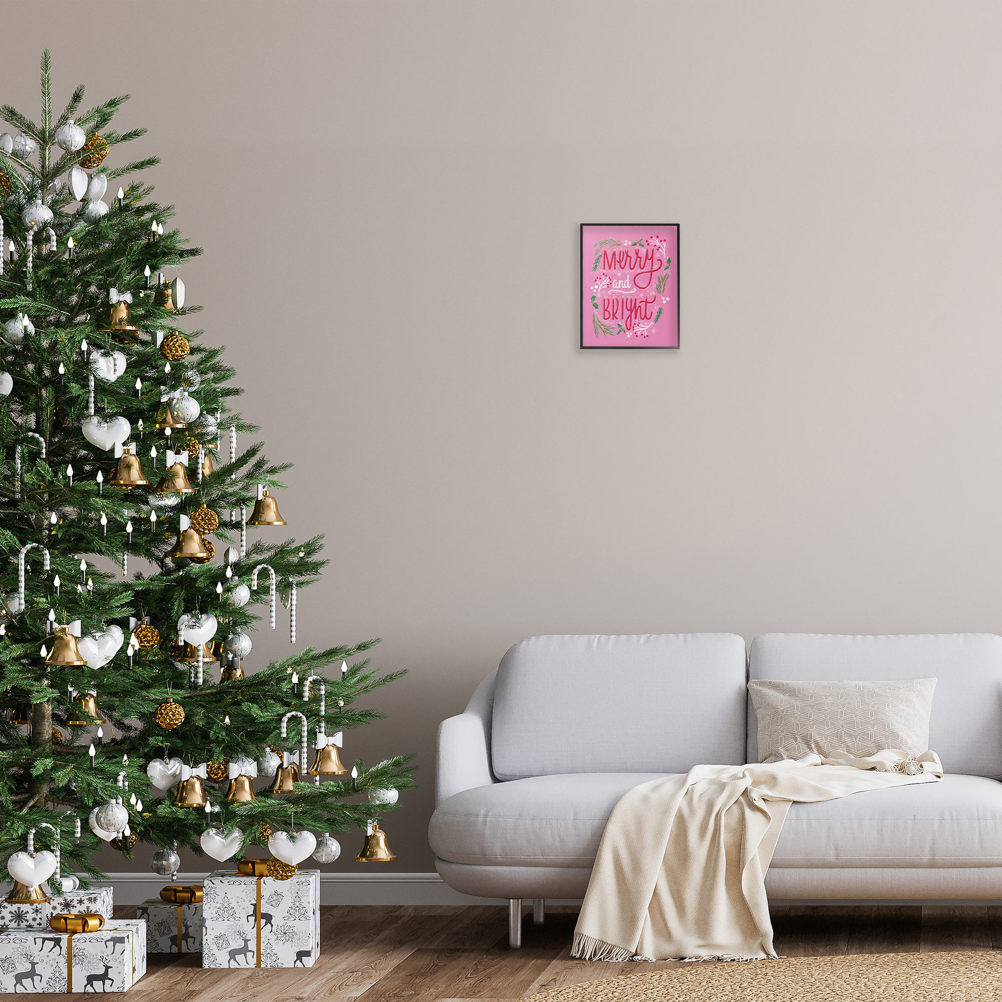 Stupell Industries Merry and Bright Pink Pine Holiday Painting Black Framed Art Prints Wall Art, 11 x 14