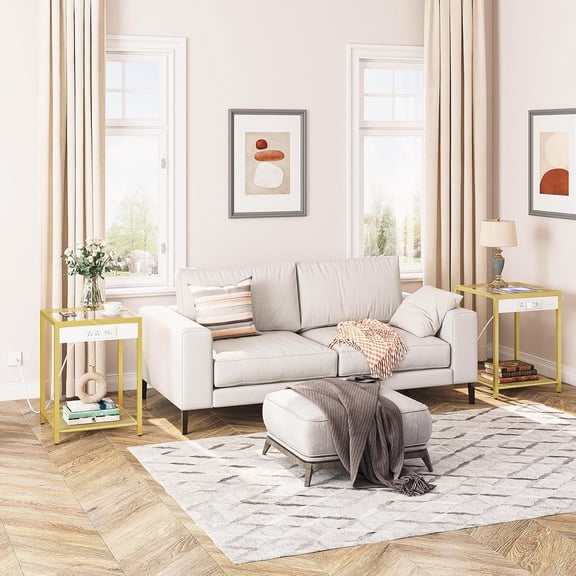 Side Table with Charging Station, Set of 2 End Tables with USB Port, Nightstand for Tight Spaces, Tempered Glass, Modern Metal Frame, for Office, Bedroom, Living Room, Gold GD76UBZP201