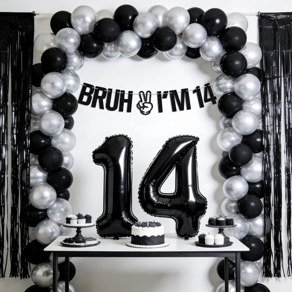 14th Birthday Party Decorations Set - Cool Black Silver Theme with Trendy Banner & Balloons