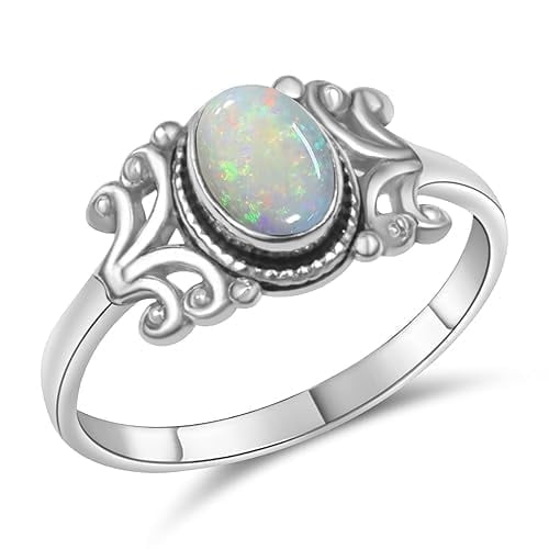 Kirti Gems Ethiopian Opal Silver Ring for Women - Stackable Midi Vintage Rings, October Birthstone Ring Handmade Silver Plated Opal Ring (7.5)