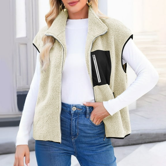Fleece Vest Women Plus Size Cropped Sleeveless Zip Up Jackets Lightweight Stand Collar Y2K Fall Fashion Clothes Dressy Casual Vest Streetwear