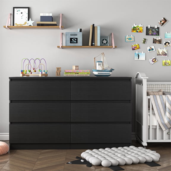 Hommoo Black 6 Drawer Dresser, Wood Modern Storage Cabinet Dresser Organizer, Chest of Drawers for Living Room, Closet, Hallway, Nursery