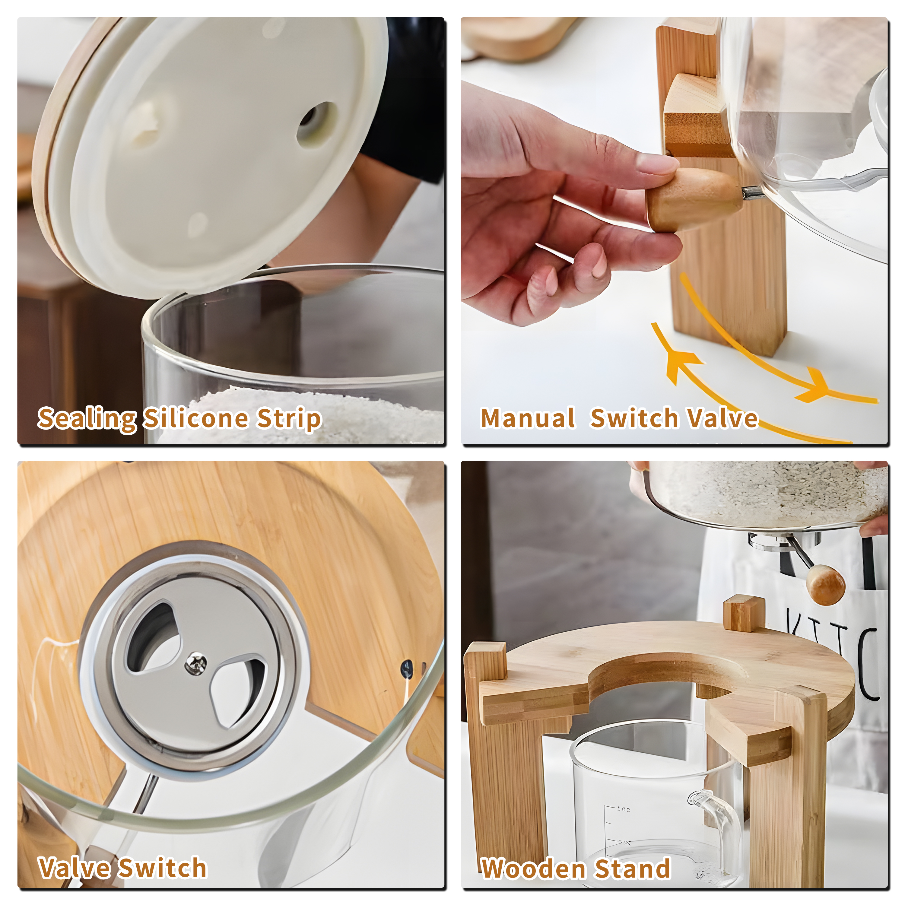 Gtouse 7.5L Glass Rice Dispenser, 11.81'' Height Cereal Dispenser w/ Bamboo Stand, Airtight Food Storage Container w/ Measuring Cup