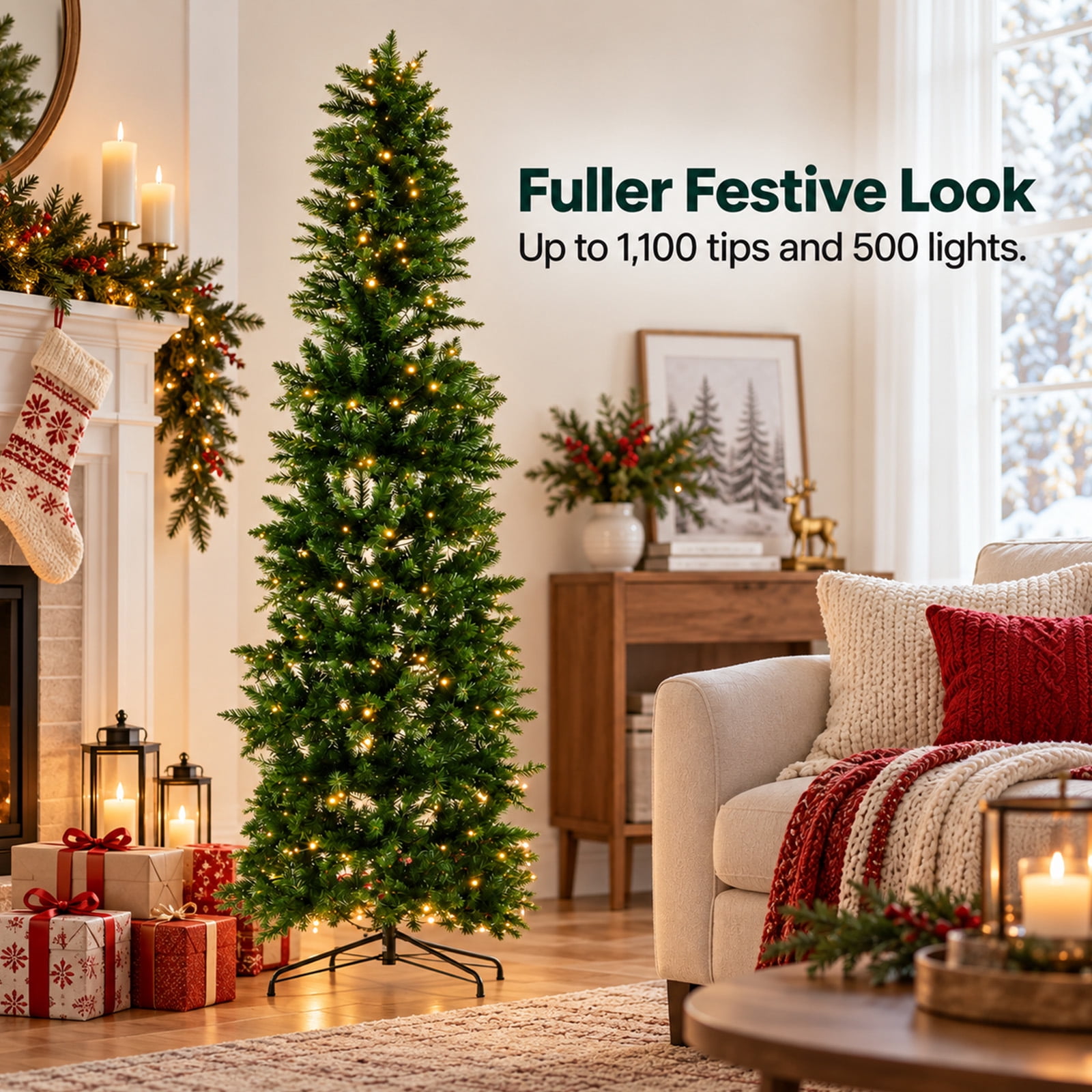 Alvantor Prelit Pencil Christmas Tree, 500 Warm White LEDs, Metal Stand, Small Spaces, Green 9FT