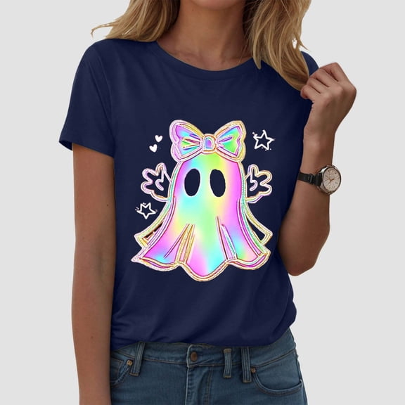 Graphic Tees for Women Halloween Graphic Short Sleeve Tee for Women Casual Round Neck Top Ideal for Summer Parties and by Seasonal Festivities Black S