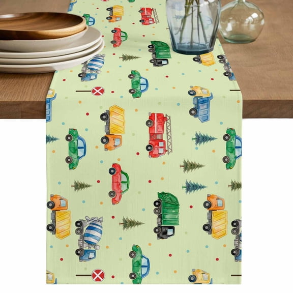 Green Cartoon Truck Table Runner 90 Inches, Funny Cute Colorful Car Tree Polka Dot Bed Runner Dresser Scarves Tabletop for Indoor Outdoor Parties/Ceremony/Banquet, 13" x 90"