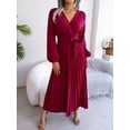 thumbnail image 4 of Women's Long Sleeve V-Neck Elegant Dresses for Women Robe with Belt Solid Crisscross Pleated Long Max Dress Mature, 4 of 6