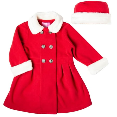 Good Lad Toddler & 4/6X Girls Red Double Breasted Fleece Coat with Fur Collar and Cuffs and Matching Hat