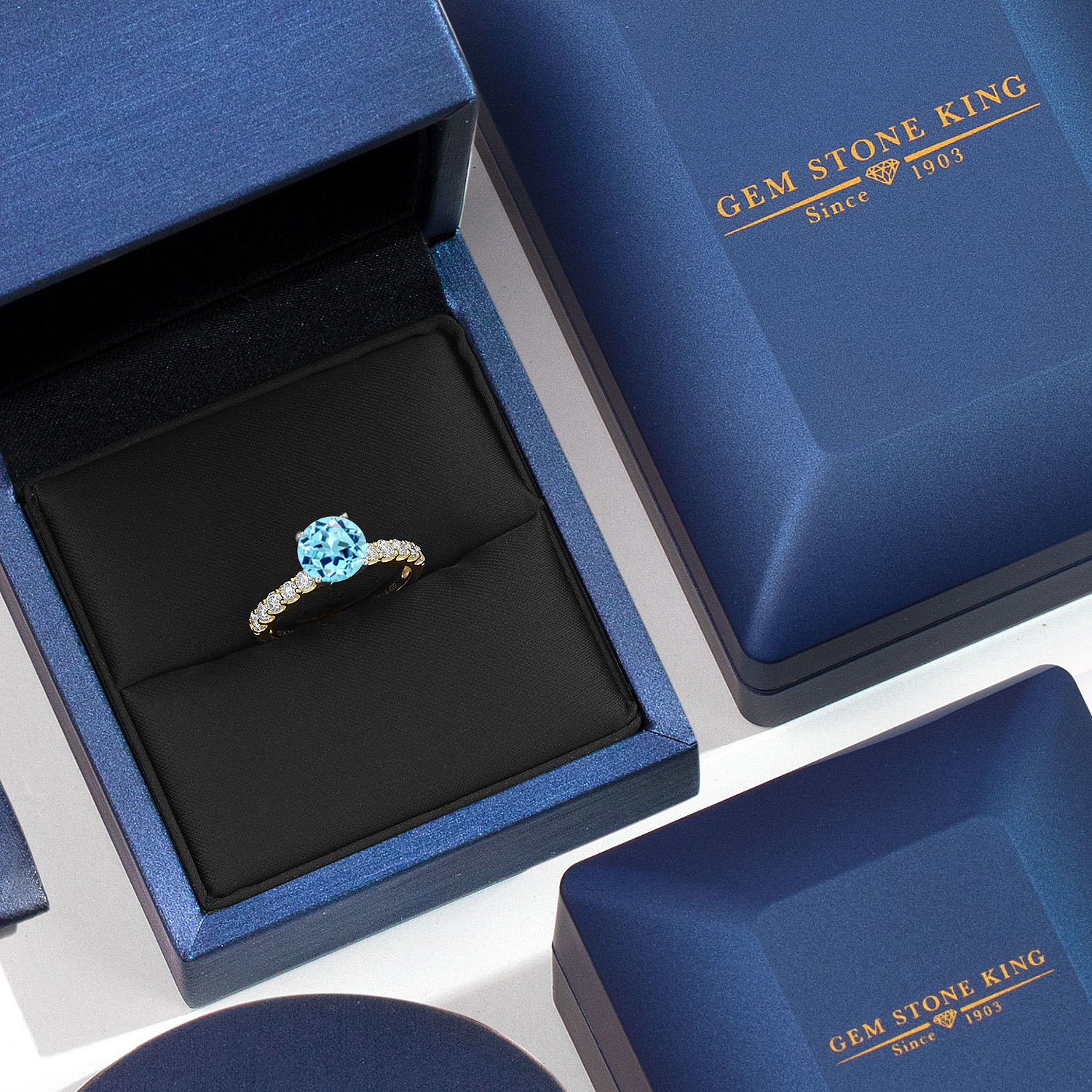 Gem Stone King 14K Two Tone Gold Blue Apatite and Lab Grown Diamond Engagement Ring for Women | 1.20 Cttw | Round 6MM | Gemstone Birthstone | Size 7