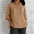 thumbnail image 2 of RYRJJ Cotton Linen T Shirt for Women 3/4 Length Sleeve Shirts V-Neck Casual Tunic Tops Basic Side Split Loose Fit Blouse(Khaki,XXL), 2 of 6