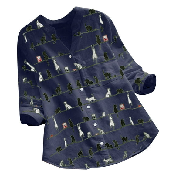 2025 Women Casual Cat Print Shirts for Women Long Sleeve Long Sleeve V-Neck Button Mock Neck Tee Shirt Loose Shirt Top