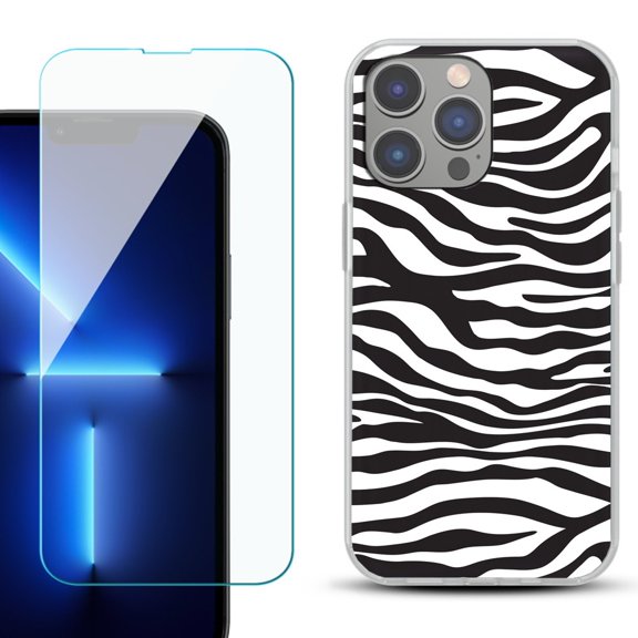 Slim-Fit Gel TPU Phone Case for iPhone 14 Pro Max, with Tempered Glass Screen Protector, by OneToughShield ® - Zebra B/W