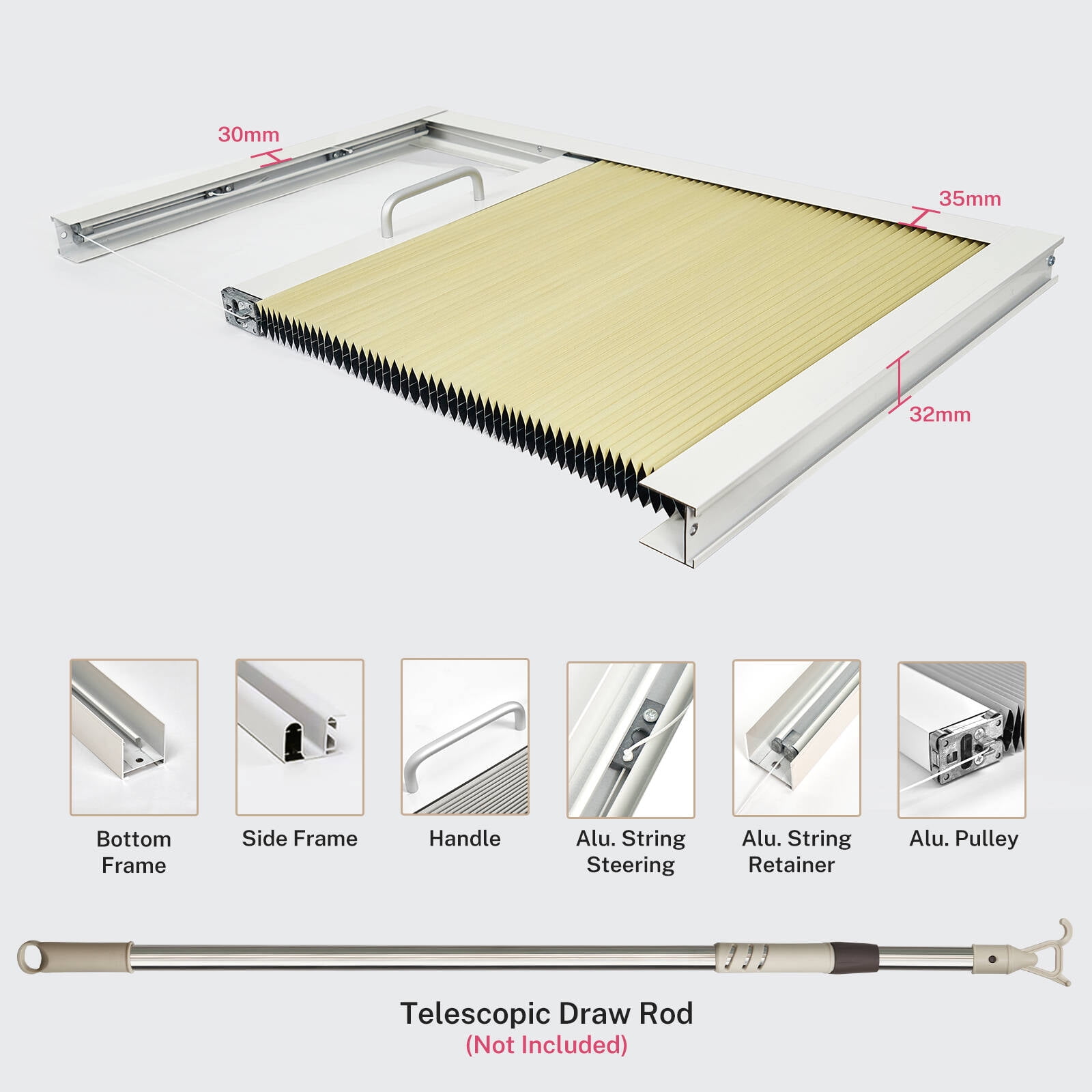 Keego Cordless Blackout Skylight Blinds Shades for Window Cellular Shades Suitable for Roof Inclined Plane Room Windows Light Yellow 45"w x 62"h Excluding Telescopic Rods