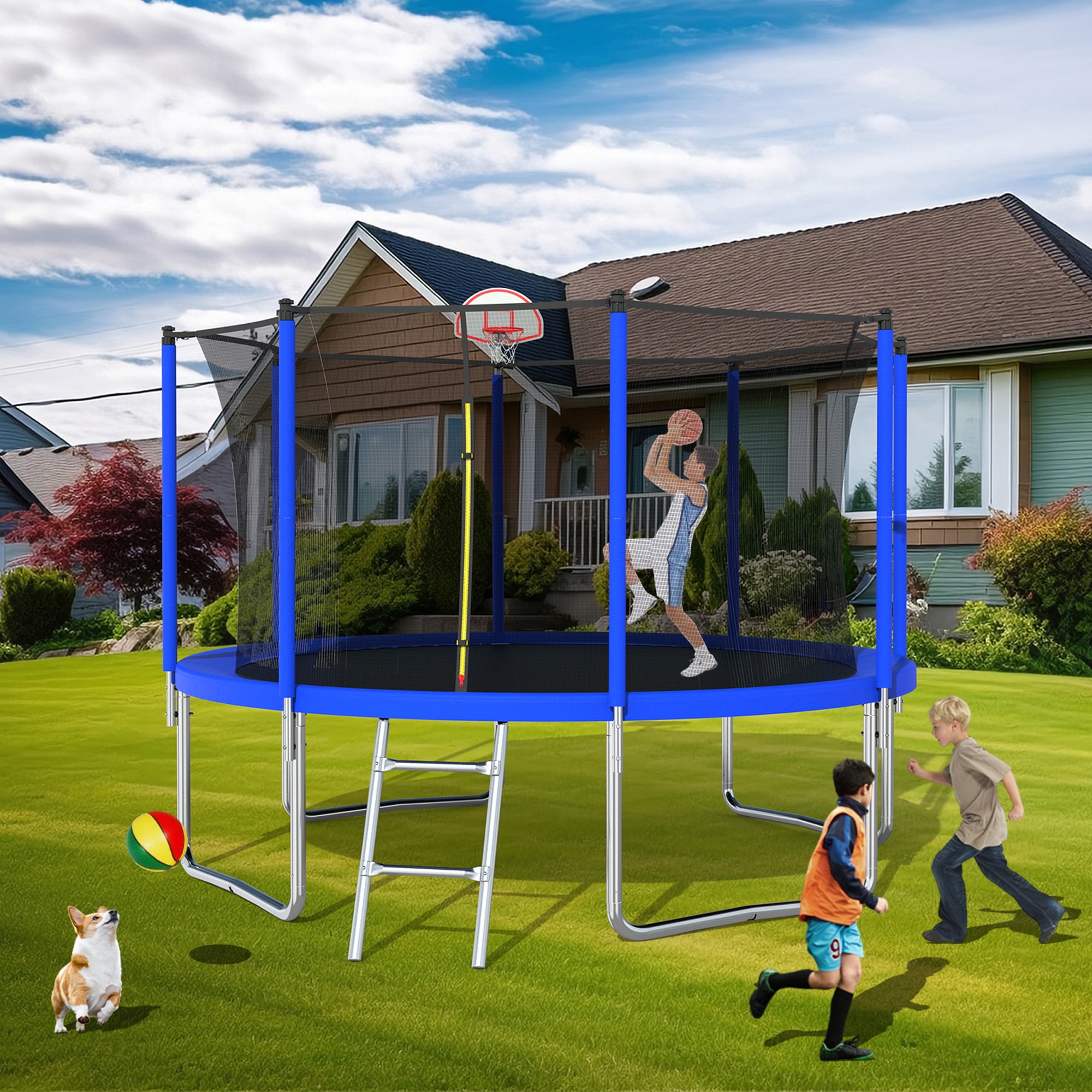 12FT Trampoline for Kids,Outdoor Trampoline with Basketball Hoop,Recreational Trampoline with Safety Enclosure Net,Blue
