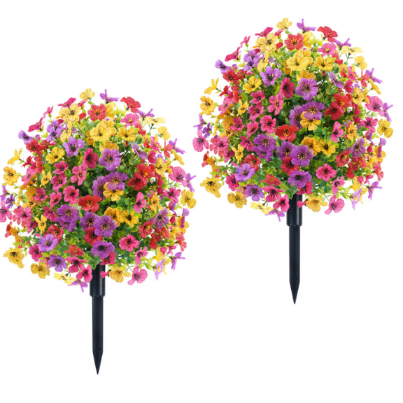 Set of 2 Artificial Topiary Ball Trees Outdoor with Ground Spike, 23" Violet UV Resistant Boxwood Evergreen with Stake,Fake Shrubs Eucalyptus Plant Bushes for Porch Garden
