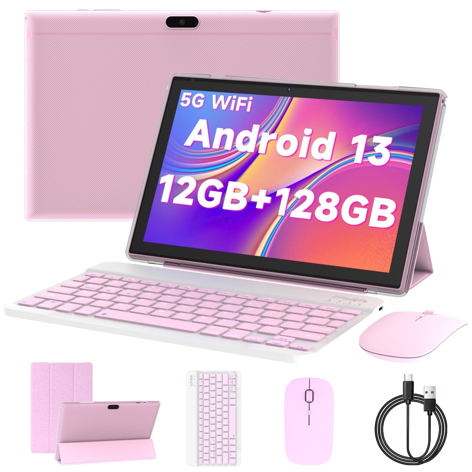 2 in 1 Tablet with Keyboard, 10 inch Android Tablet, 6GB RAM+128GB ROM+1TB Expandable Tablet, 1.8GHz Quad-core Processor, 5G WiFi 6 BT 5.0 Tablets with Mouse| Case| Stylus, 1280*800 IPS Touchscreen