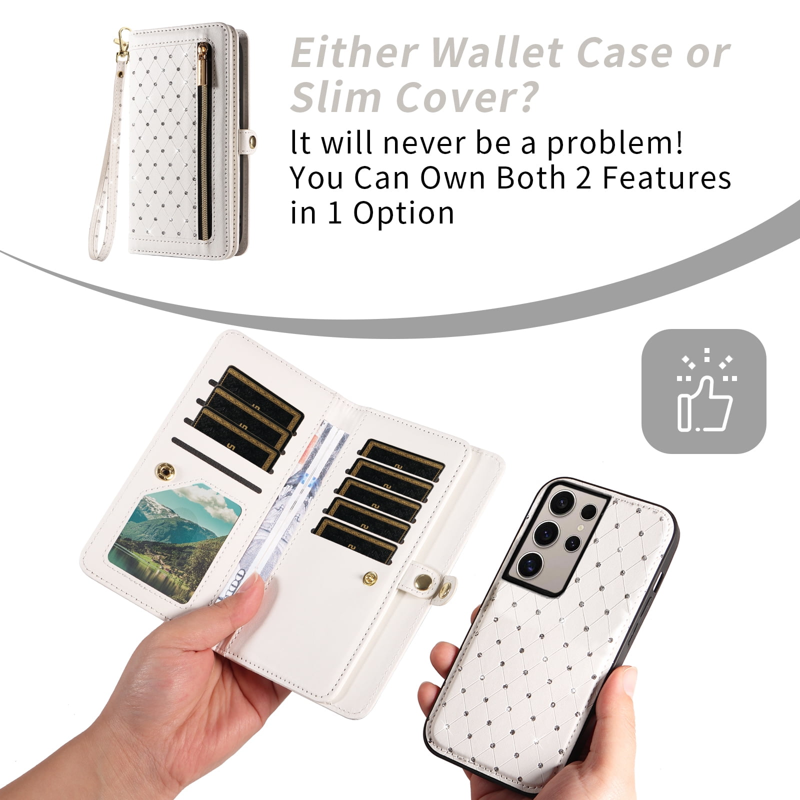 Asuwish Phone Case for Samsung Galaxy S25 Ultra 5G Zipper Wallet Detachable Cell Cover with Tempered Glass Screen Protector Crossbody Lanyard Strap Bling Glitter Flip Card Holder Slot S25Ultra White