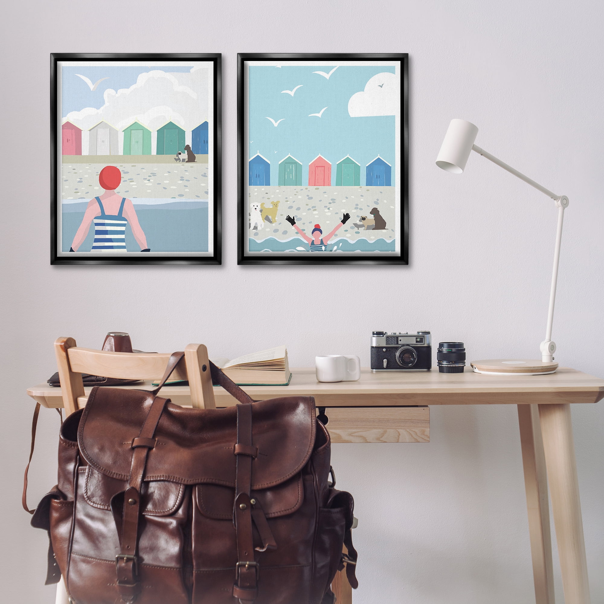 Stupell Industries Beach Changing Huts Dogs Nautical & Beach Painting Black Floater Framed Canvas Art Print Wall Art, 31 x 25, Set of 2
