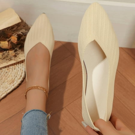 Miluxas Womens Round Toe Flats Clearance Comfort Knit Flats Slip-on Breathable Flat Shoe Soft Casual Ballet Shoes Elegant Flats Beige 6(37)