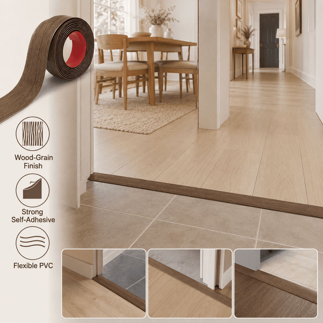 Yeslife 1 pc Self Adhesive Floor Transition Strip, 10 ft x 1.57 in, Brown Vinyl, Flexible Waterproof Gap Cover for Laminate, Tile and Carpet Flooring