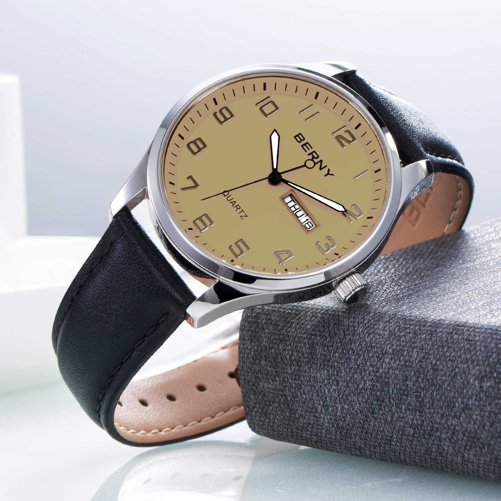 BERNY Modern Quartz Watch for Men Casual Easy Read Wristwatch with Arabic Numeral Watch Dial, Genuine Leather Strap and Day & Date Calendar-Gray Dial