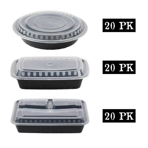 Meal Prep Containers Kit: (20 Pk) Rectangle Food Container   (20 Pk) Reusable 3 Compartment Container   (20 Pk) Microwavable BPA Free Prepping Container With Lid, Great for meal planning.