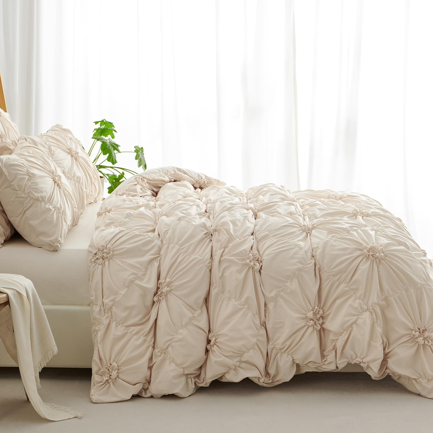 JOLUSERE Rustic French Style Beige Duvet Cover Sets King Size, Textured Flower Pinch Pleated Solid Luxury Bedding Sets