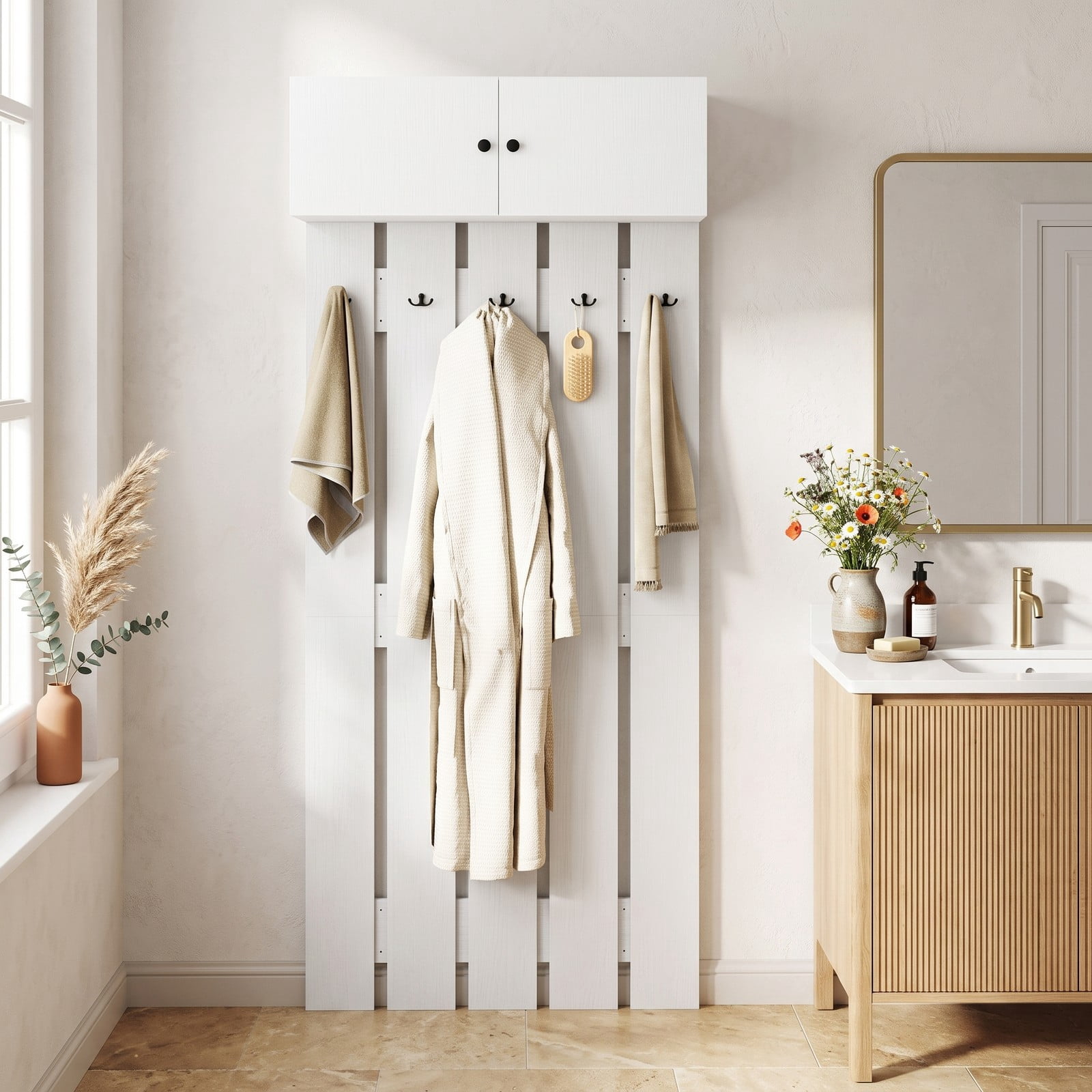 Furnibear Wall Mounted Coat Rack with Upper Storage Cabinet and 5 Metal Hooks for Entryway Kitchen and Living Room, White