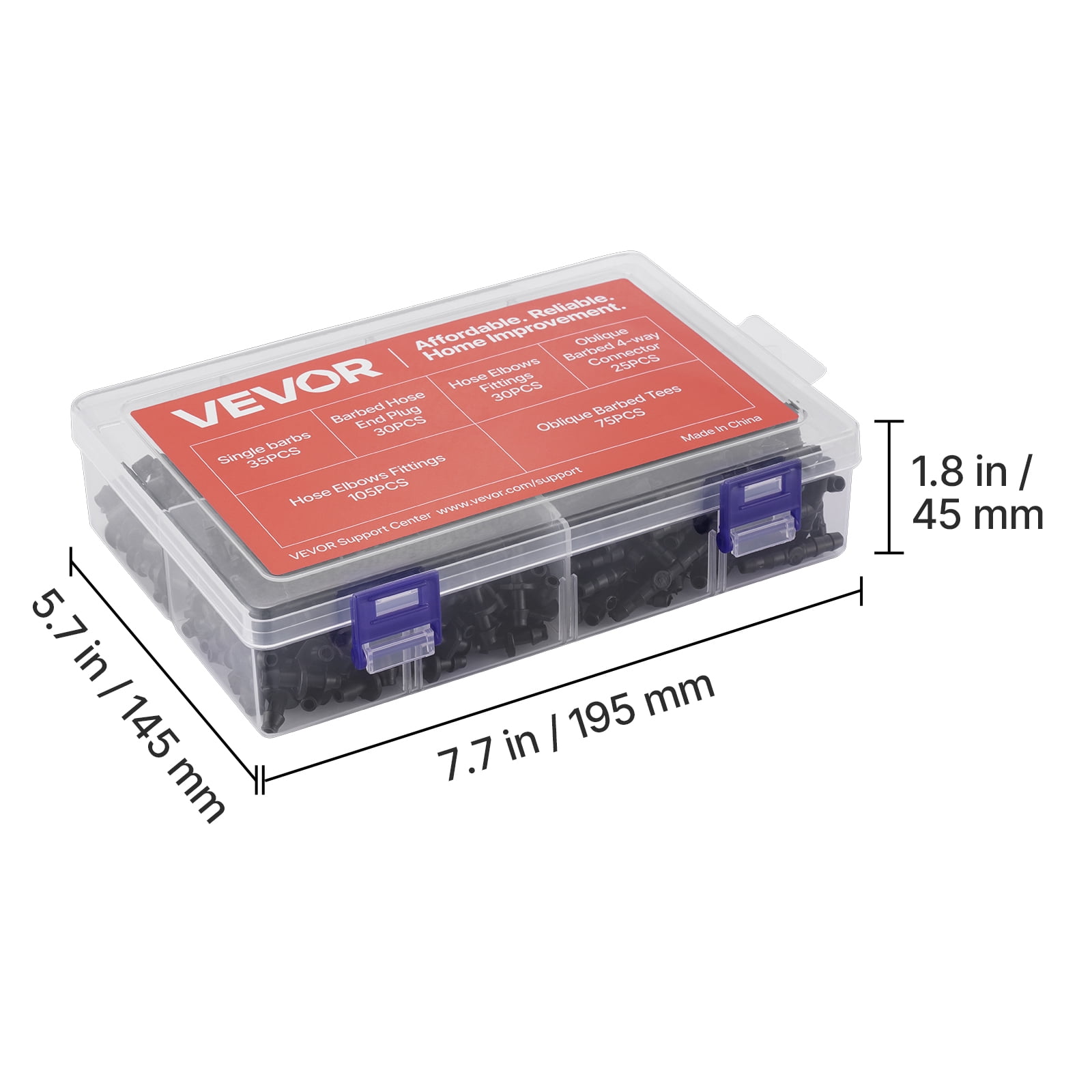 VEVOR Drip Irrigation Fittings Kit for 1/4" Tubing, 300 Pcs Drip Irrigation System Parts, Tees, Straight Barb, 4 Way Coupling, Elbows, End Plug, Single Barbs, Barbed Connectors for Yard Garden Lawn